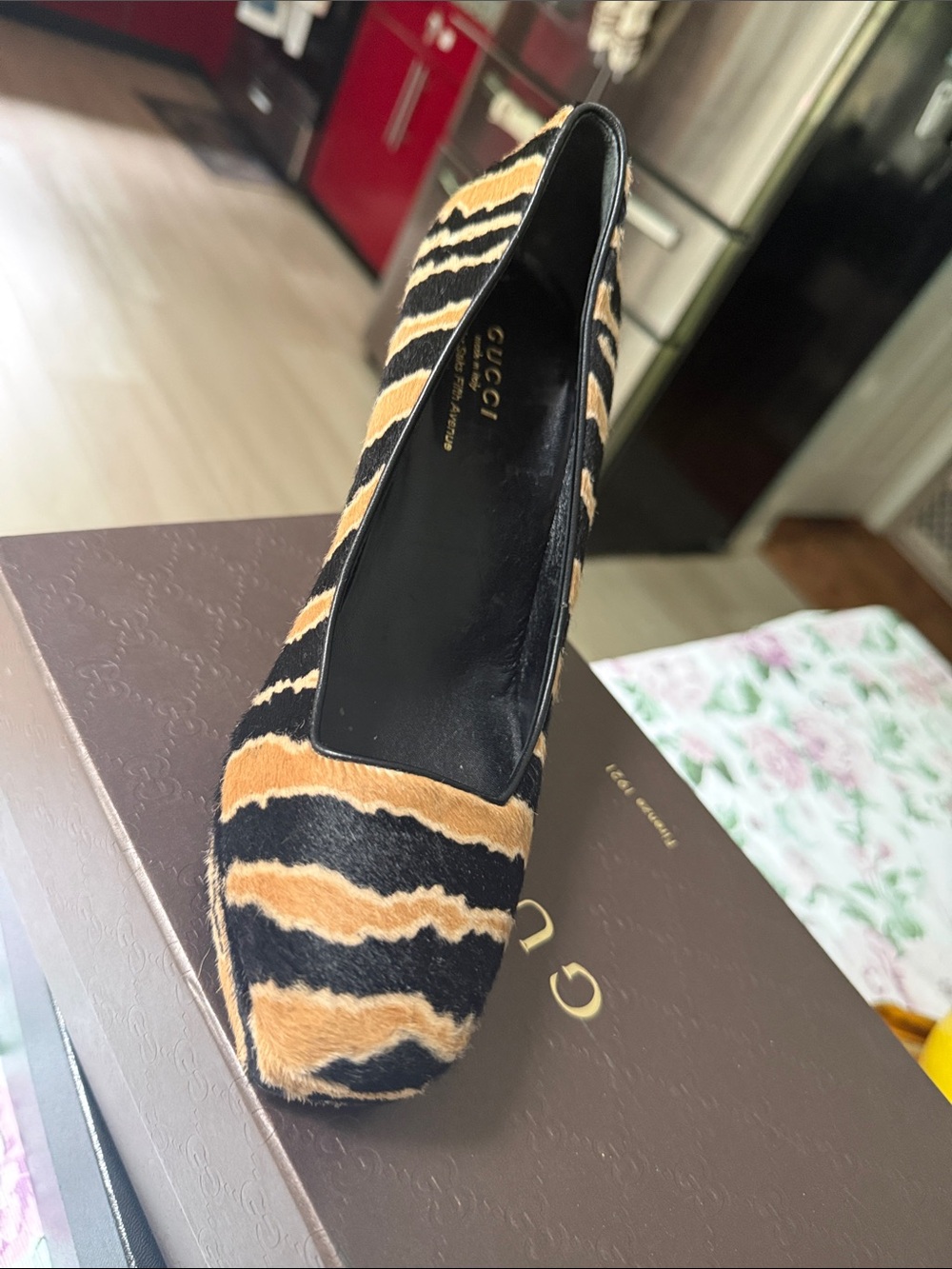 Gucci Black and Tan Tiger-Stripe Pointed Toe Pump